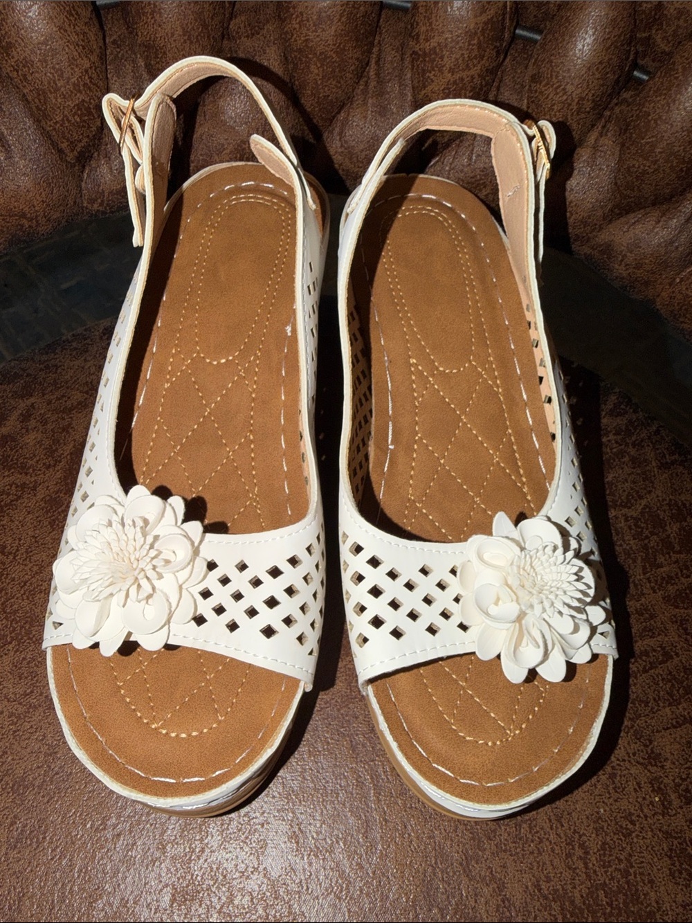 Cream Floral Slingback Wedge Sandals — Women